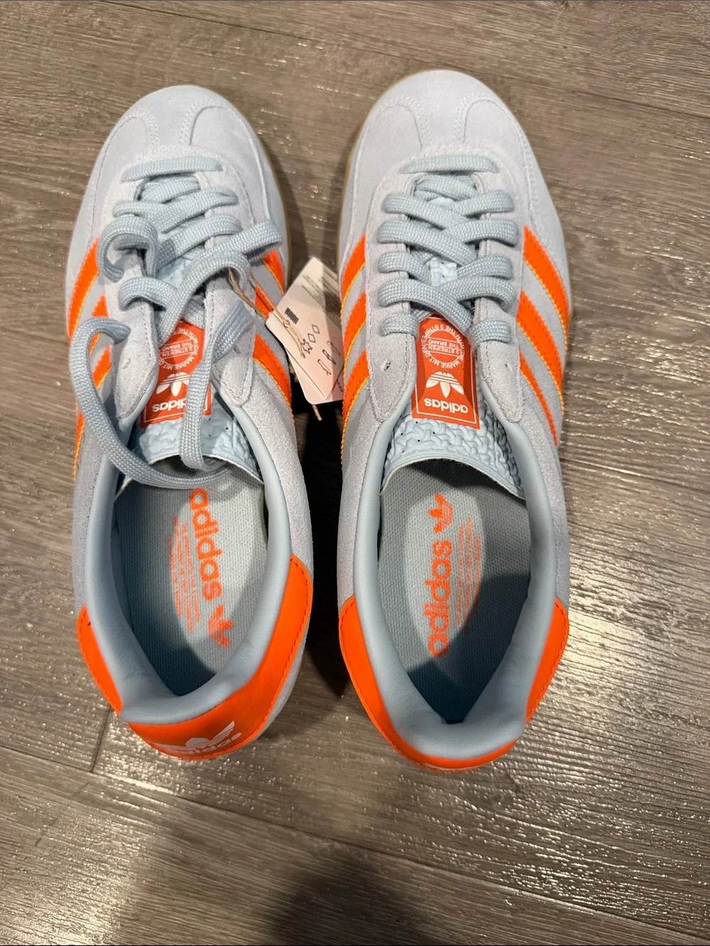 adidas gazelle indoor — baby blue with Bright Orange Stripes